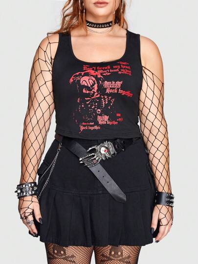 Grunge Punk Maglietta a canotta per donne di taglia più grande in maglia di metallo dal look dark, fresco e di stile urbano con motivo divertente