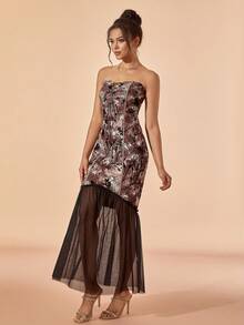 Floral Print Contrast Mesh Mermaid Hem Tube Dress - Coffee Brown - View 4