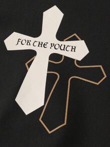 Manfinity LEGND 1pc Loose Fit Men's Color Block Varsity Jacket With Slogan And Cross Print, Drop Shoulder Design - Black - View 5