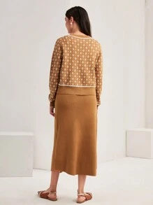 Mulvari Geo Pattern Button Front Cardigan & Knit Skirt