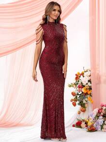 LOVE&LEMONADE Vestido de fiesta de graduación con cuello simulado, detalles con cuentas y lentejuelas, vestido de invitado de boda, vestido de noche formal, vestido de gala