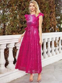 Ruffle Trim Belted Sequin Formal Dress - Hot Pink - View 5