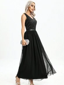 Contrast Sequin Mesh Formal Dress - Black - View 4