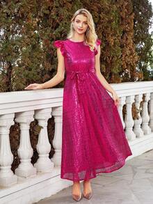 Ruffle Trim Belted Sequin Formal Dress - Hot Pink - View 6
