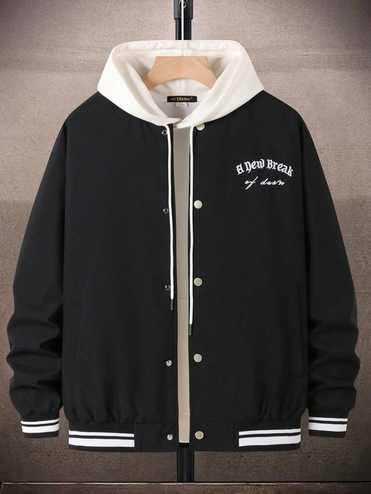 Loose-Fit Men's Varsity Jacket With Letter Embroidery And Striped Trim (No Hood)