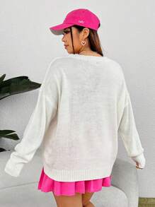 SHEIN EZwear Hơn Tim & Mẫu chữ Thả vai Áo len - trắng - Xem 2