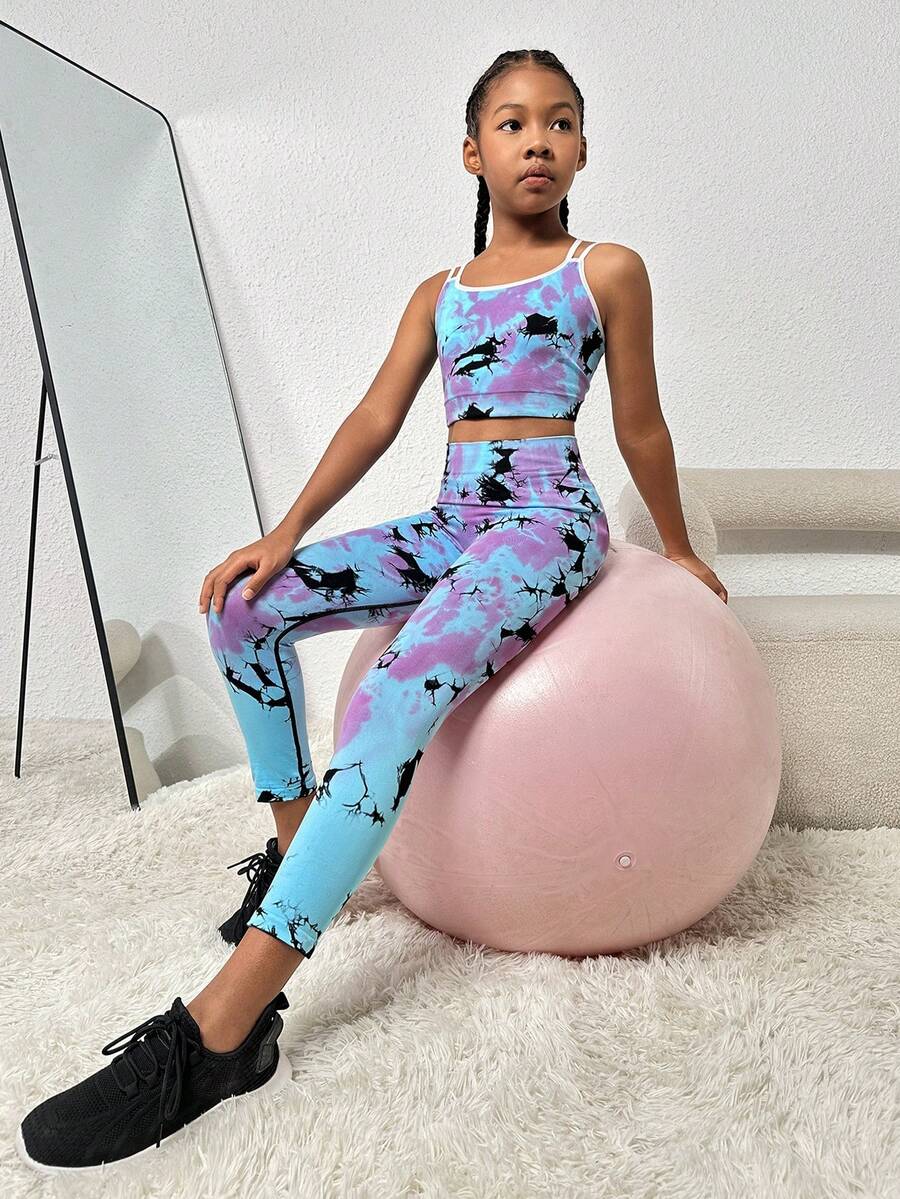 SHEIN 女大童紮染撞色滾邊運動套裝 - 彩色 - 查看 1