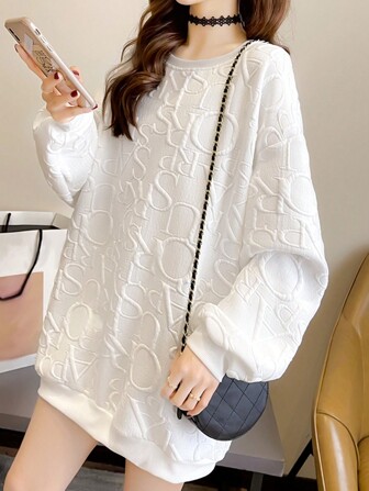 Solid Drop Shoulder Oversized Pullover,Long Sleeve Tops