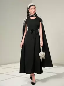 Al Najma Pearls Detail Cloak Sleeve Belted Kaftan, Modest Arabian Dress