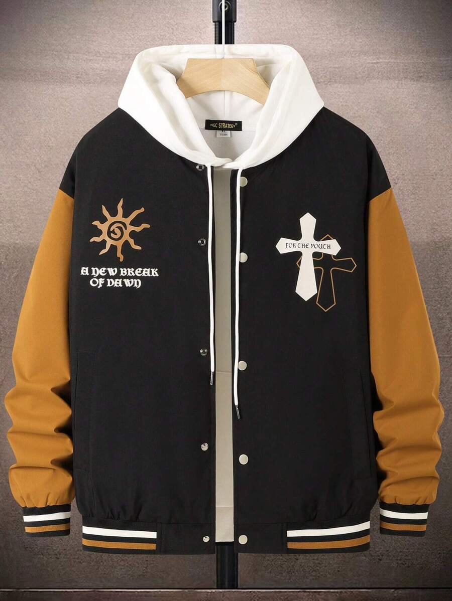 Manfinity LEGND 1pc Loose Fit Men's Color Block Varsity Jacket With Slogan And Cross Print, Drop Shoulder Design - Black - View 1