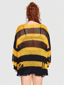 ROMWE Grunge Punk Plus Colorblock Drop Shoulder Distressed Sweater - Multicolor - View 6