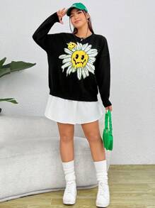 SHEIN EZwear 大碼花卉圖案&卡通臉圖案落肩袖套頭毛衣 - 黑色 - 查看 6