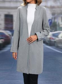SHEIN LUNE Herringbone Open Front Overcoat Fall Cloth For Women - Grey - View 5