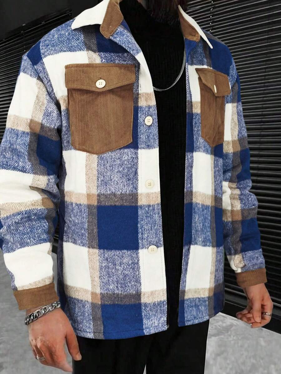 Manfinity Homme Chaqueta Camisa Con Solapa Y Bolsillo Suelto Para Hombre, Con Estampado De Cuadros - Azul - Ver 1