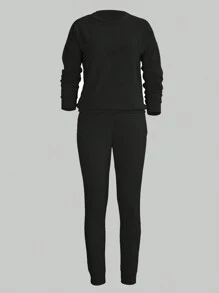 女士休闲圆领长袖衬衫（带口袋）和休闲裤（带口袋）两件套，适合户外活动和秋季穿着。 - 黑色 - 查看 4