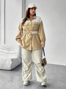 SHEIN EZwear Plus Manteau Bicolore Épaule tombante Ceinturé - Kaki - Voir 6