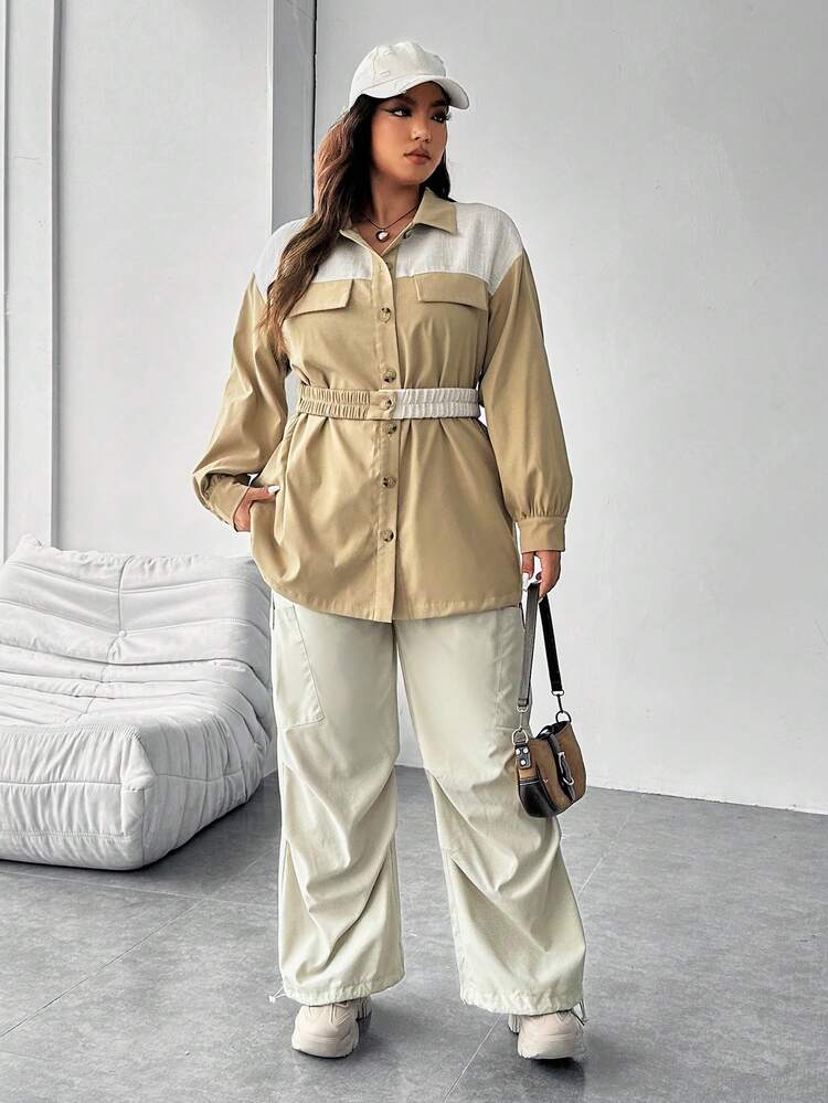 Plus Two Tone Drop Shoulder Belted Coat