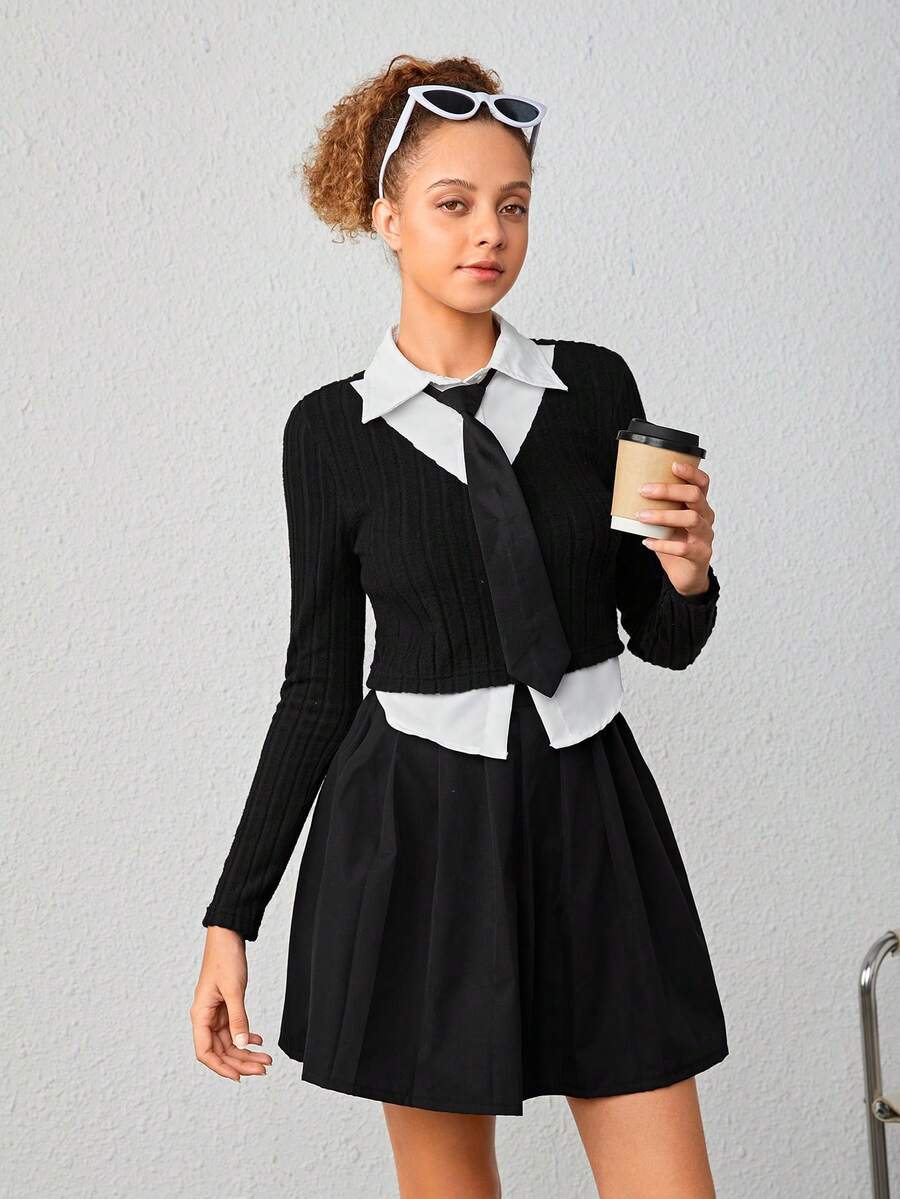 Thiếu niên cô gái Tee 2 trong1 Với Buộc & Chân Váy xếp ly - Đen và trắng - Xem 1