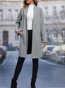 SHEIN LUNE Herringbone Open Front Overcoat Fall Cloth For Women - Grey - View 1