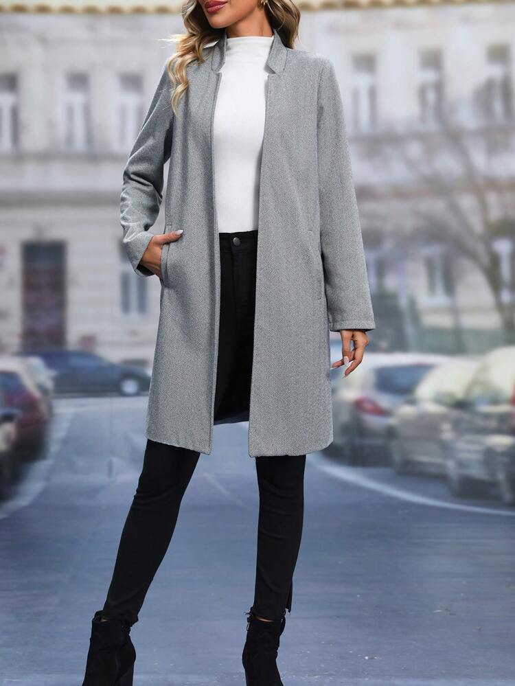 Herringbone Open Front Overcoat Fall Cloth For Women