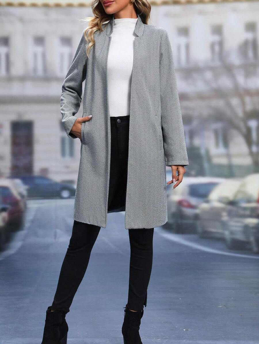 SHEIN LUNE Herringbone Open Front Overcoat Fall Cloth For Women - Grey - View 1
