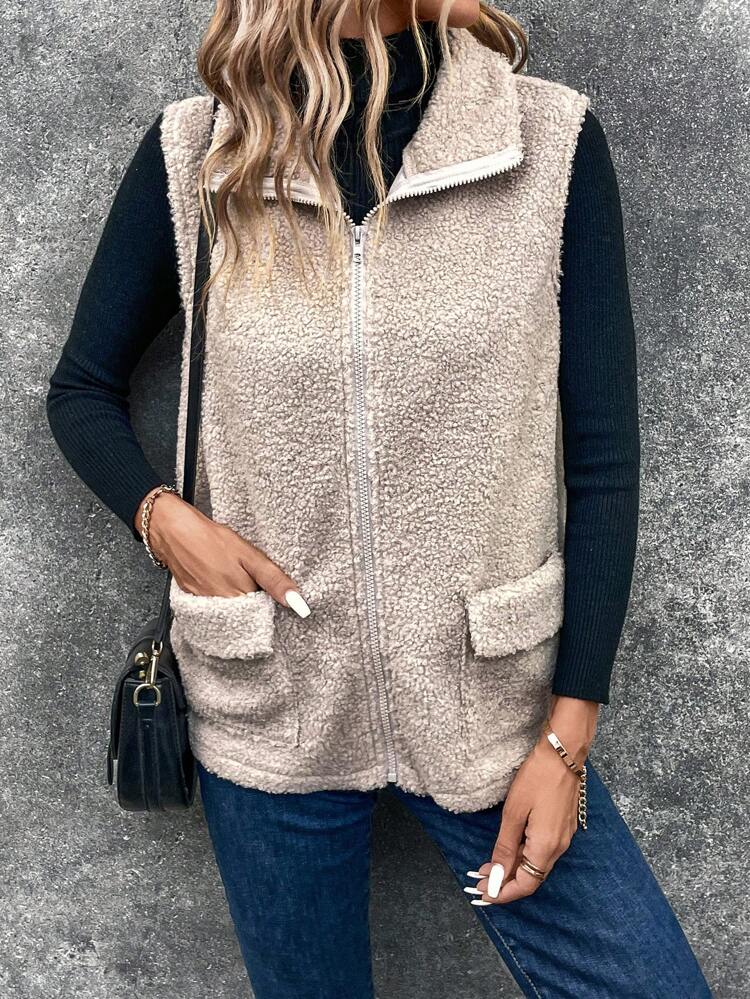 Flap Pocket Zip Up Teddy Vest Coat