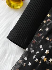 SHEIN Young Girl Ruffle Trim Contrast Star Mesh Hem Belted Dress