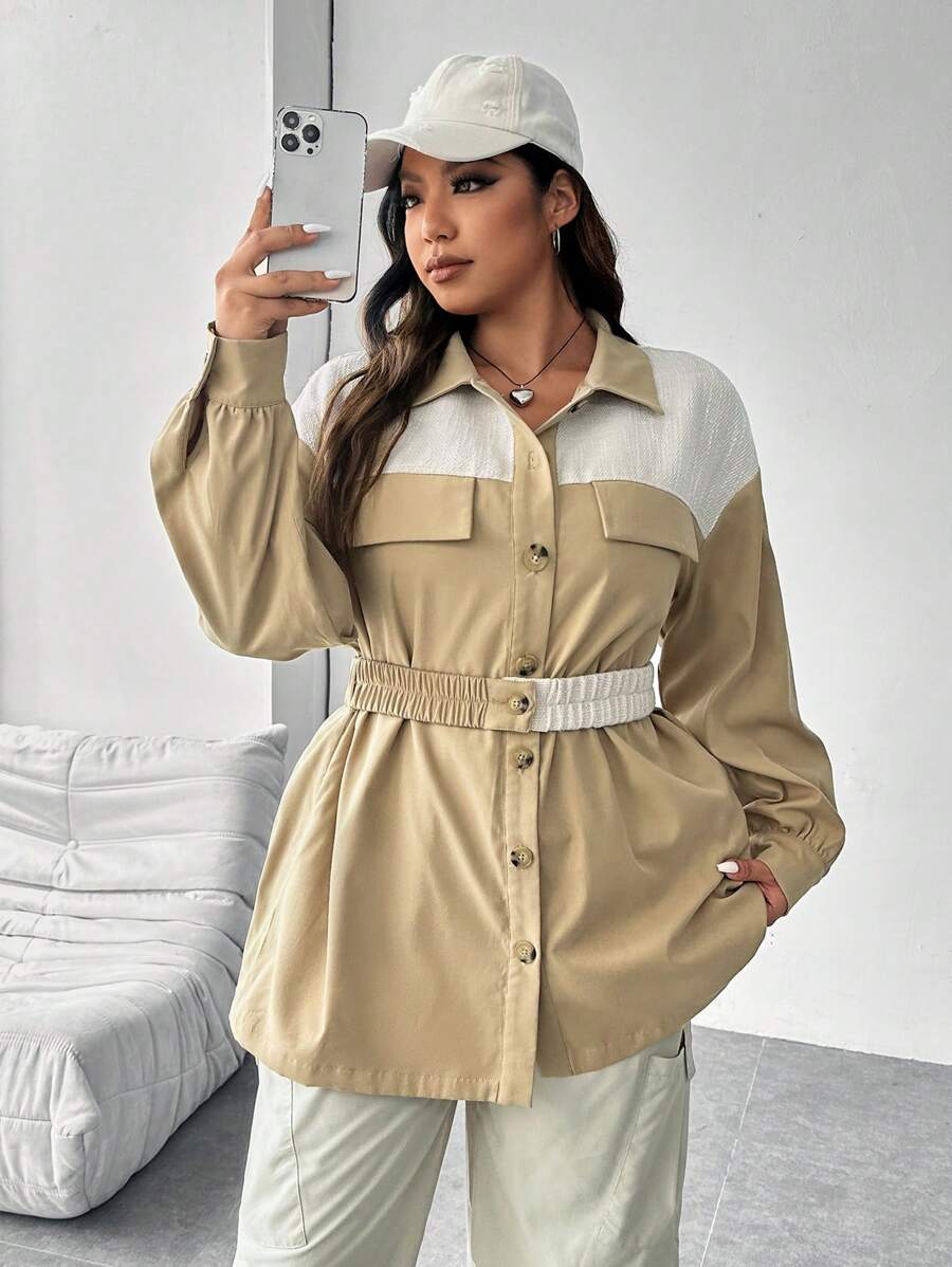 SHEIN EZwear Plus Manteau Bicolore Épaule tombante Ceinturé - Kaki - Voir 1
