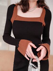 Contrast Trim Flare Sleeve Sweater Dress - Black - View 4