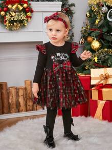 SHEIN Baby Girl Tartan Print Ruffle Trim Mesh Hem Dress 
 Mommy&Me Matching Outfits (2 Pieces Are Sold Separately) - Red - View 5