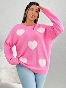 SHEIN Qutie Hơn Hình trái tim Thả vai Áo len - Hồng - Xem 4