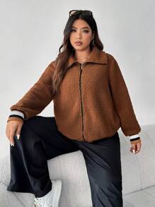 SHEIN EZwear Hơn Sọc trang trí Dây kéo Áo Teddy Jackets - Cà phê nâu - Xem 5