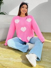SHEIN Qutie Hơn Hình trái tim Thả vai Áo len - Hồng - Xem 1