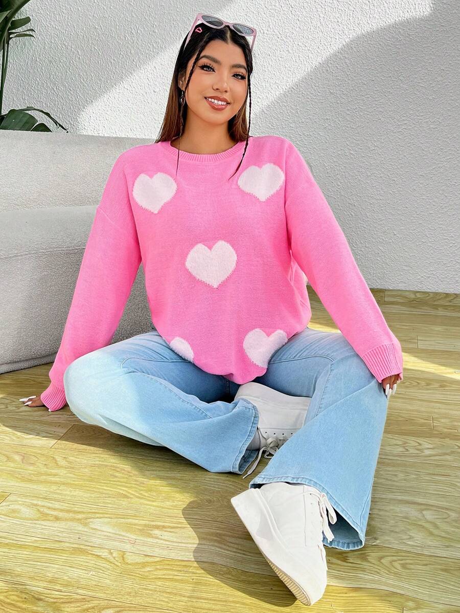 SHEIN Qutie Hơn Hình trái tim Thả vai Áo len - Hồng - Xem 1