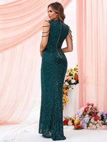 LOVE&LEMONADE 高领链条细节美人鱼下摆亮片舞会礼服，优雅正式晚宴婚礼宾客礼服，适合毕业典礼、晚宴 - 綠色 - 查看 2