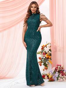 LOVE&LEMONADE 高领链条细节美人鱼下摆亮片舞会礼服，优雅正式晚宴婚礼宾客礼服，适合毕业典礼、晚宴 - 綠色 - 查看 4