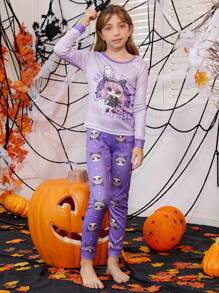Tween Girl Halloween Slogan & Cartoon Graphic Snug Fit PJ Set - Purple - View 1