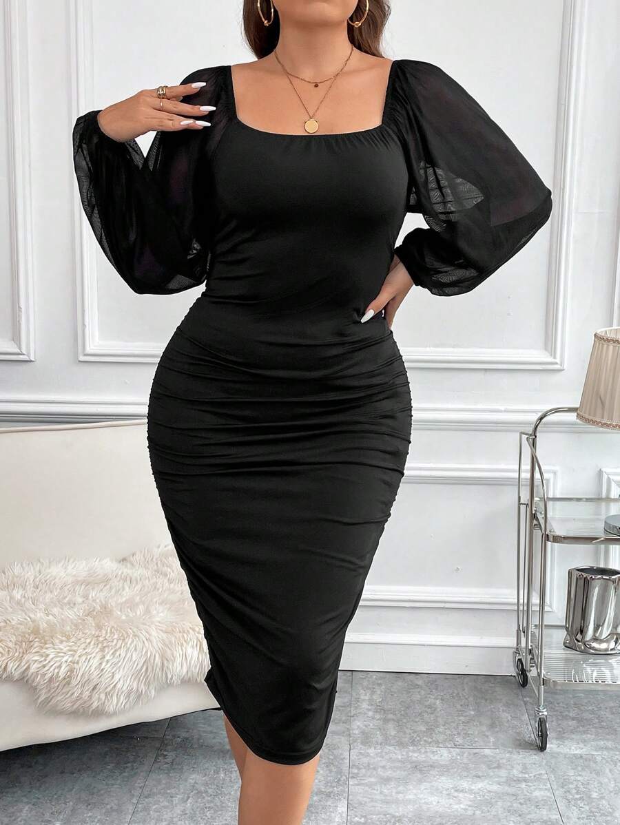 SHEIN Clasi Plus Robe Moulante Avec Tulle Manches Bouffantes À Ruché