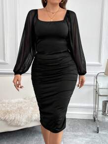 SHEIN Clasi Plus Robe Moulante Avec Tulle Manches Bouffantes À Ruché