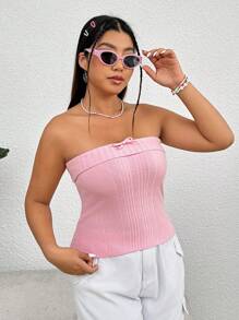 SHEIN MOD Plus Bow Front Tube Knit Top - Pink - View 8