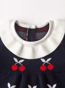 SHEIN Baby Girls Cherry Pattern Ruffle Trim Sweater & Knit Shorts - Navy Blue - View 3