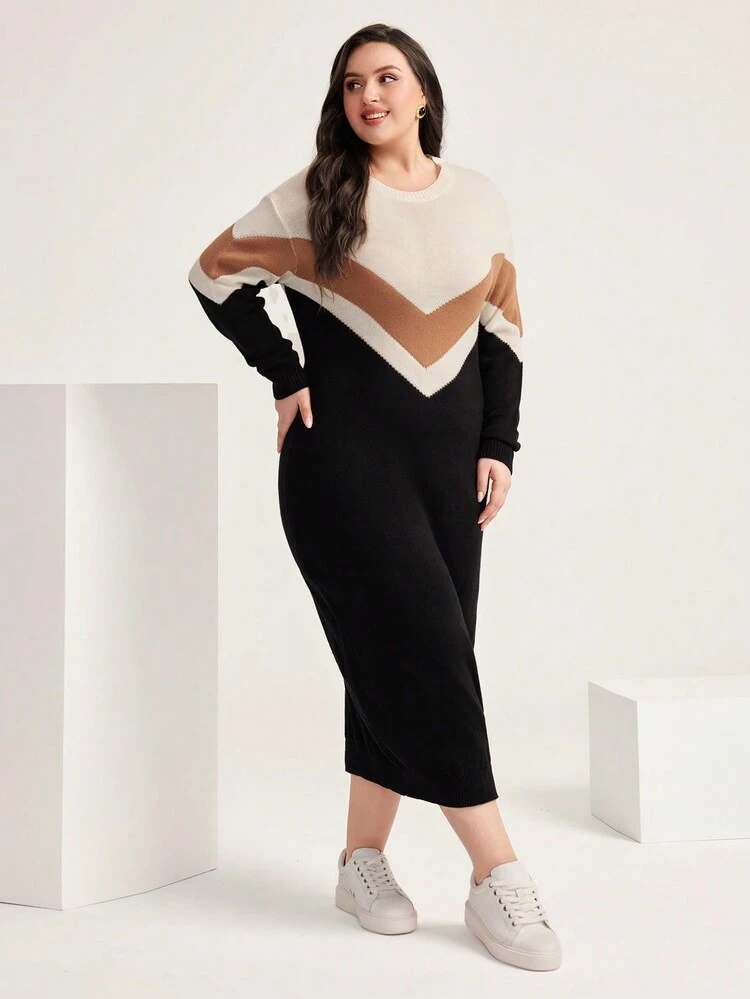 Plus Pattern Colorblock Drop Shoulder Sweater Dress, For Winter Fall