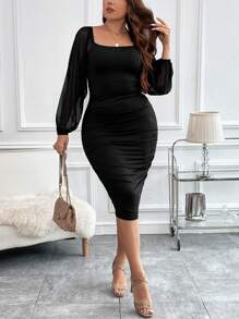 SHEIN Clasi Plus Robe Moulante Avec Tulle Manches Bouffantes À Ruché