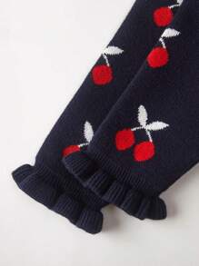 SHEIN Baby Girls Cherry Pattern Ruffle Trim Sweater & Knit Shorts - Navy Blue - View 7