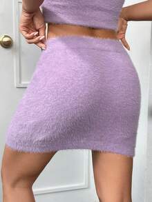 SHEIN EZwear 素色絨毛針織包臀半身裙 - 淡紫色 - 查看 2