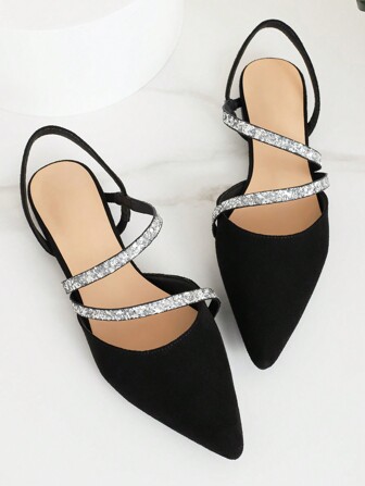 Fall/Winter Point Toe Glitter Strap Slingback Flats, Women's Black Glitter Solid Color Flat Shoes With Back Strap