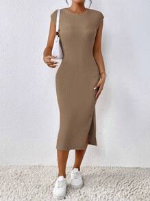 SHEIN Frenchy 純色開衩大腿背心洋裝 - 咖啡 - 查看 5