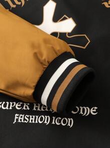 Manfinity LEGND 1pc Loose Fit Men's Color Block Varsity Jacket With Slogan And Cross Print, Drop Shoulder Design - Black - View 3