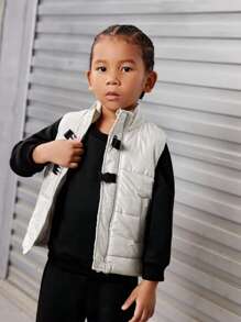 SHEIN Explorewe Young Boy Slant Pockets Sleeveless Buckle Front Padded Coat - Light Grey - View 4