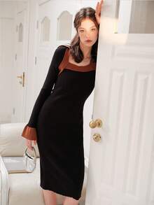 Contrast Trim Flare Sleeve Sweater Dress - Black - View 5